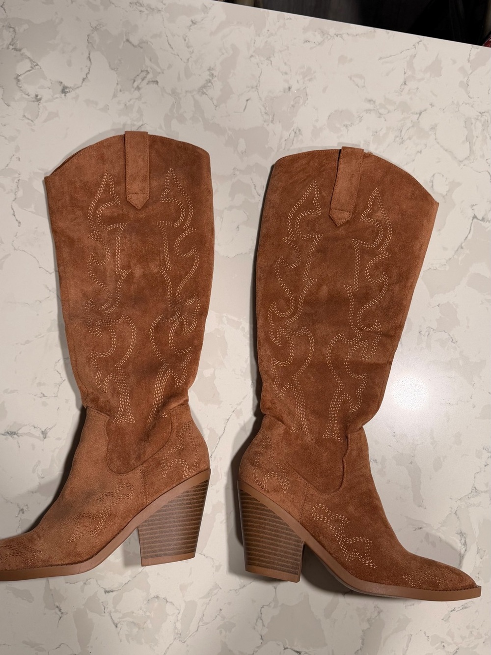 SHEIN Tan Suede Western Knee-High Boots